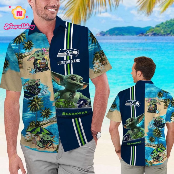 Seattle Seahawks Baby Yoda Name Personalized Short Sleeve Button Up Tropical Aloha Hawaiian Shirt Set for Men Women Kids