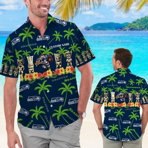 Seattle Seahawks Name Personalized Short Sleeve Button Up Tropical Aloha Hawaiian Shirt Set for Men Women Kids