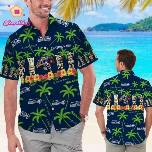 Seattle Seahawks Name Personalized Short Sleeve Button Up Tropical Aloha Hawaiian Shirt Set for Men Women Kids